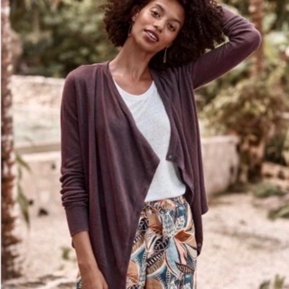 Garnet Hill Easy Linen Drape Front Cardigan Plum Deep Purple Women's Large L - Picture 1 of 7
